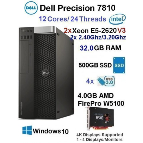 Dell Precision 7810 V3 Flagship Workstation PC (12-Core 2x2.40Ghz@3.20Ghz E5 V3 Xeon/32GB Ram/500GB SSD/2.0GB Radeon 4K/Refurb
