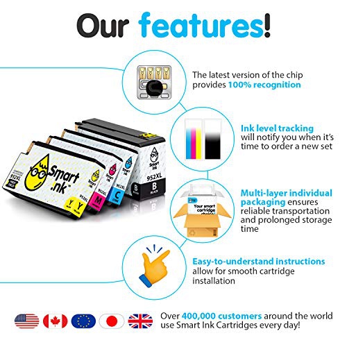 Smart Ink Compatible Ink Cartridge Replacement for HP 952 952XL 4 Pack Advanced Chip Technology to use with OfficeJet 8702 ...