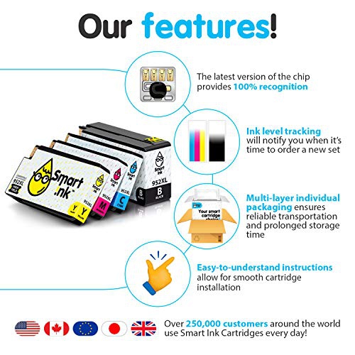 Smart Ink Compatible Ink Cartridge Replacement for HP 952 952XL 4 Pack Advanced Chip Technology to use with OfficeJet 8702 ...