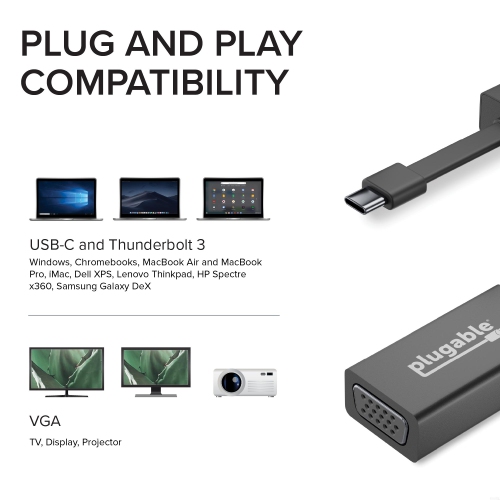 Plugable USB C to VGA Adapter, Thunderbolt 3 to VGA Adapter Compatible with Macbook Pro, Windows, Chromebooks, 2018 iPad Pro, Dell XPS, and more