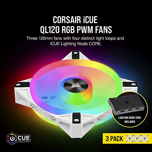 CORSAIR QL Series, iCUE QL120 RGB, 120mm RGB LED PWM White Fan, Triple Fan Kit with Lighting Node CORE