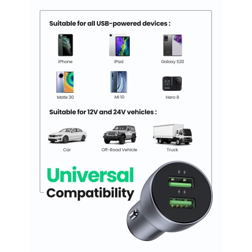 UGREEN USB Car Charger, 36W Dual USB QC 3.0 Fast Charging Car Adapter Aluminum Car Charger Compatible with iPhone SE/11/11 P