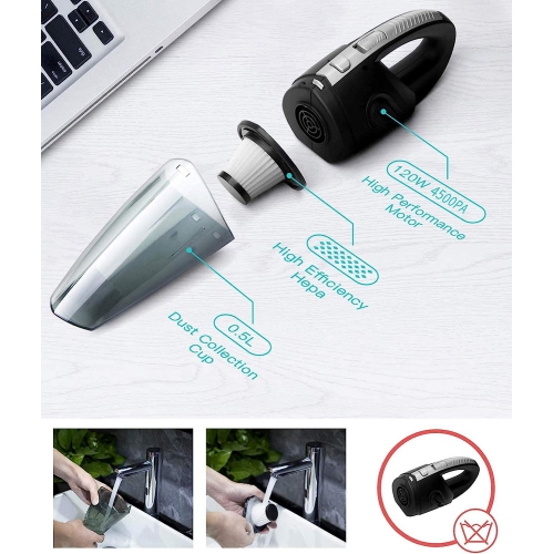 Aspirateur à main sans fil, Mini aspirateur portatif pour voiture à sec, 120&nbsp;W d'aspiration PUISSANTE rechargeable pour les poils d'animaux,