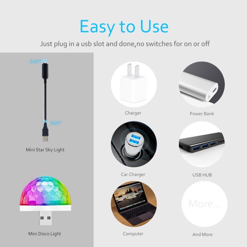 Romantic Auto Roof USB Star Lights with Mini Disco Light, Aevdor USB Night Lights, Flexible Atmosphere Decorations Lamp for