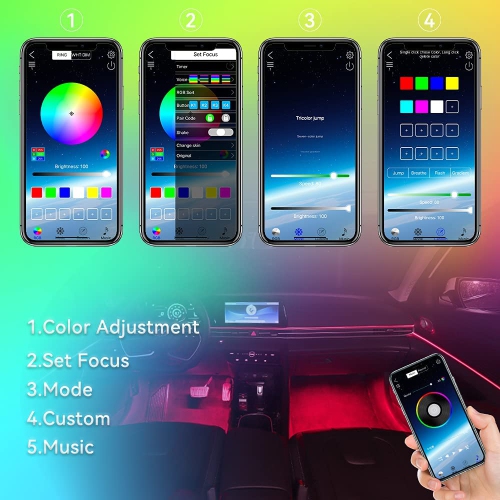 Éclairage intérieur à DEL pour l'auto, éclairage intérieur commandé par  application avec port USB, Sync musique lumières multicolores pour l'auto  comme accessoires pour l'auto