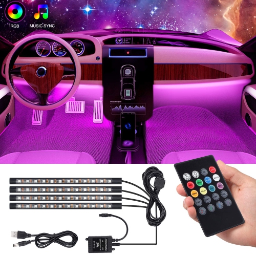 HLD Car Interior Lights, Justech 4PCs 48 Led Waterproof RGB Neon Strip Lighting Music Atmosphere Lights With 8 Colors Sound Acti