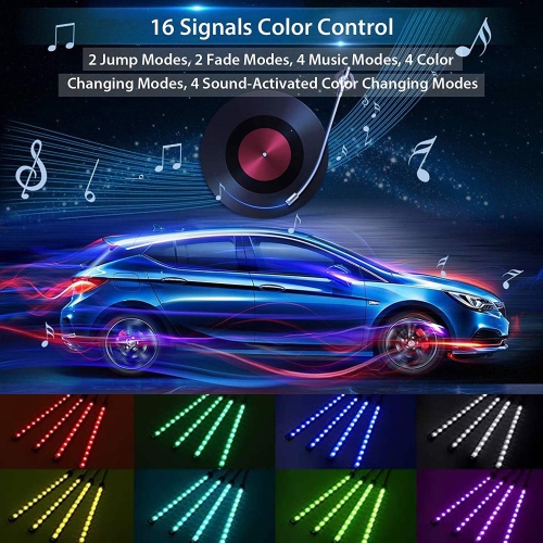 Car Interior Lights, Justech 4pcs 48 LED Waterproof RGB Neon Strip Lighting Music Atmosphere Lights with 8 Colors Sound Acti