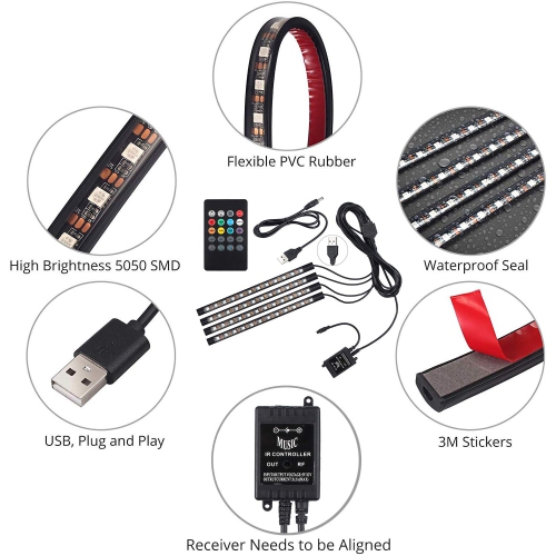 Car Interior Lights, Justech 4pcs 48 LED Waterproof RGB Neon Strip Lighting Music Atmosphere Lights with 8 Colors Sound Acti