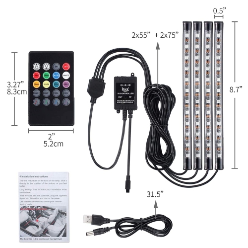 Car Interior Lights, Justech 4pcs 48 LED Waterproof RGB Neon Strip Lighting Music Atmosphere Lights with 8 Colors Sound Acti