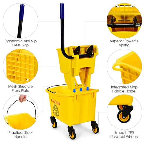 Costway Commercial Mop Bucket Side Press Wringer on Wheels Cleaning 26 Quart Yellow