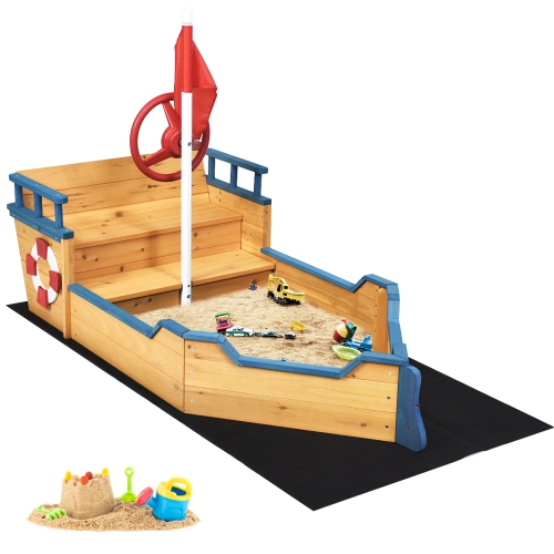 costway kids pirate boat wood sandbox w/ bench seat & flag