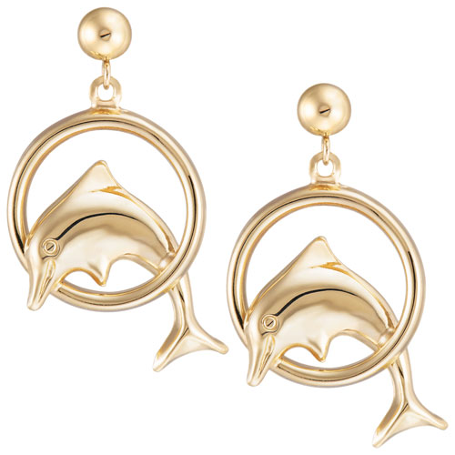 Le Reve Collection Dolphin Hoop Dangle Earrings in 10K Gold