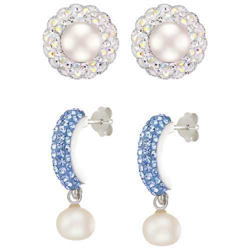 Le Reve Collection Blue Crystal/Pearl Drop Earring & Pearl Stud Earring Set in Sterling Silver