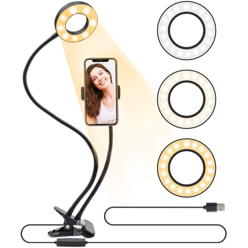 Selfie Ring Light avec support de téléphone portable, support de lumière Selfie Lampe de bureau LED Support de clip de téléphone portable pour chambr