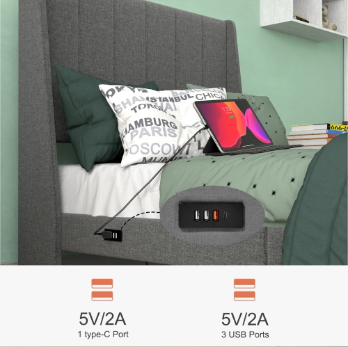 Homy Casa Modern Queen Size Upholstered Bed Frame with Storage Drawers – Grey, No Box Spring Needed