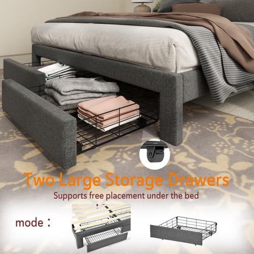 Homy Casa Modern Queen Size Upholstered Bed Frame with Storage Drawers – Grey, No Box Spring Needed