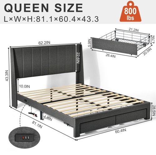 Homy Casa Modern Queen Size Upholstered Bed Frame with Storage Drawers – Grey, No Box Spring Needed
