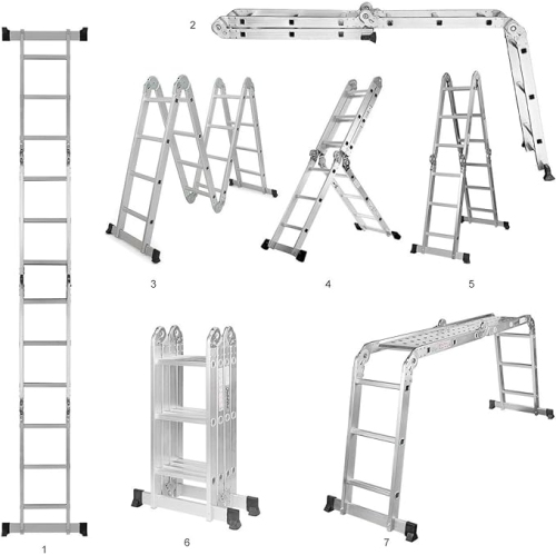 LIVINGBASICS  11.5Ft Multi Purpose Folding Scaffold Ladder w Work Platform, 7-In-1 Aluminum Extension Step Stool Ladder, 330Lbs Weight Rating w