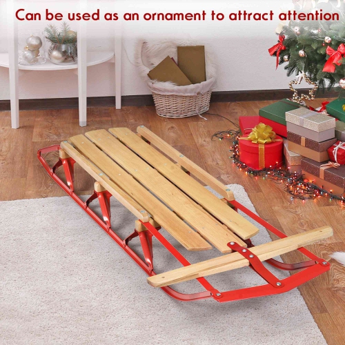 Costway 54''Kids Wooden Snow Sled Runners Steering Bar Steering Snow Slider