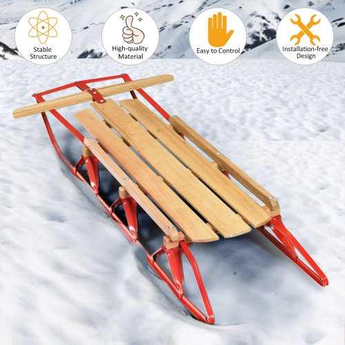 Costway 54''Kids Wooden Snow Sled Runners Steering Bar Steering Snow Slider
