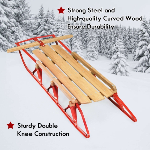 Costway 54''Kids Wooden Snow Sled Runners Steering Bar Steering Snow Slider