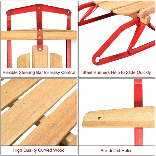 Costway 54''Kids Wooden Snow Sled Runners Steering Bar Steering Snow Slider