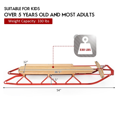 Costway 54''Kids Wooden Snow Sled Runners Steering Bar Steering Snow Slider