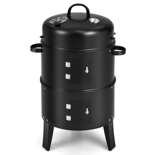 Costway 3-in-1 Portable Round Charcoal Smoker Vertical BBQ Grill Built-in Thermometer