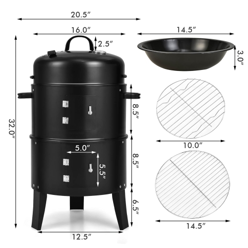 Costway 3-in-1 Portable Round Charcoal Smoker Vertical BBQ Grill Built-in Thermometer