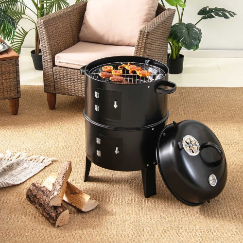 Costway 3-in-1 Portable Round Charcoal Smoker Vertical BBQ Grill Built-in Thermometer