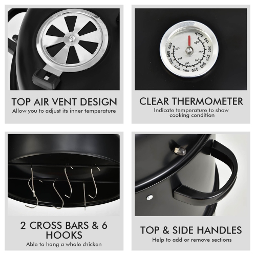 Costway 3-in-1 Portable Round Charcoal Smoker Vertical BBQ Grill Built-in Thermometer