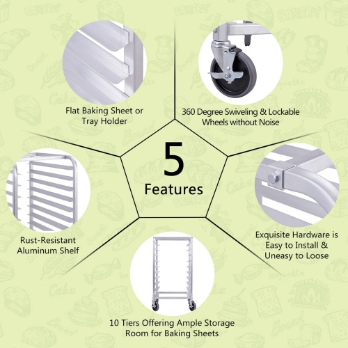 Cuisine commerciale à petits pains à biscuits avec roue de Costway, 10 feuilles, porte-boulangerie en aluminium