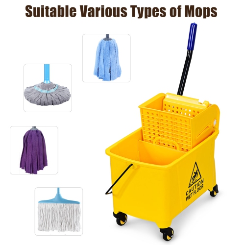 Costway Commercial Mop Bucket Side Press Wringer on Wheels 21 Quart Yellow w/ Panel