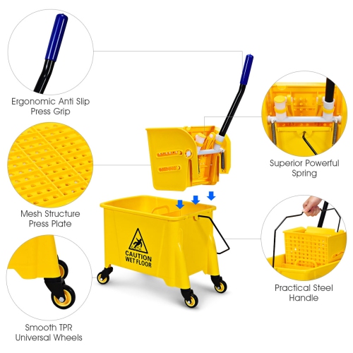 Costway Commercial Mop Bucket Side Press Wringer on Wheels 21 Quart Yellow w/ Panel