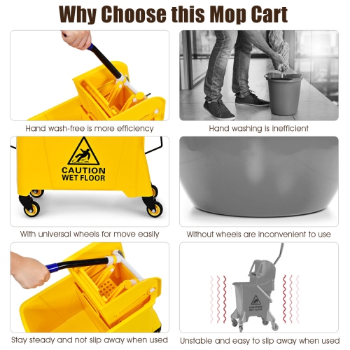 Costway Commercial Mop Bucket Side Press Wringer on Wheels 21 Quart Yellow w/ Panel