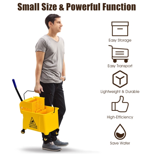 Costway Commercial Mop Bucket Side Press Wringer on Wheels 21 Quart Yellow w/ Panel