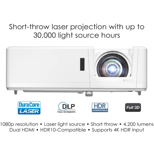 Optoma GT1090HDR Short Optoma GT1090HDR Short Throw Laser Gaming Projector | 4K HDR Input | Lamp-Free Reliable Operation 30,000 Hours | Bright 4,200