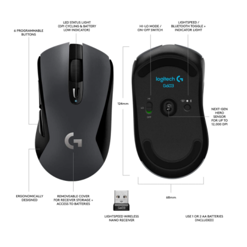 Logitech G603 LIGHTSPEED Wireless Gaming Mouse, Ergonomically Designed, 12,000 DPI