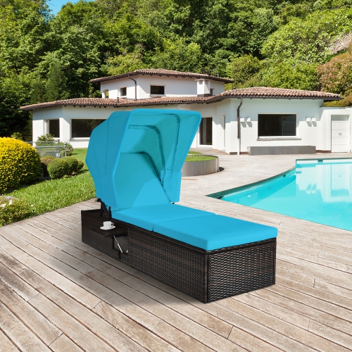 Gymax 2PCS Rattan Patio Chaise Lounge Chair W/ Adjustable Canopy Turquoise Cushion