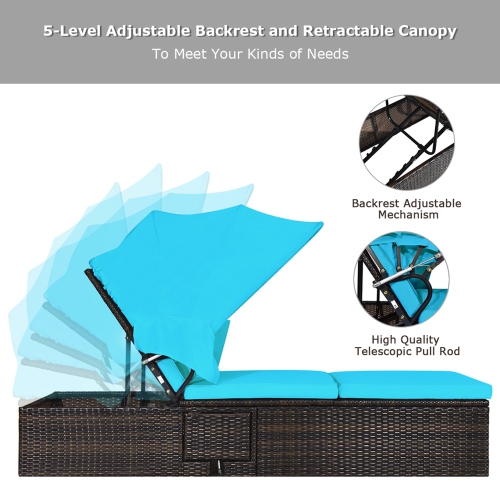 Gymax 2PCS Rattan Patio Chaise Lounge Chair W/ Adjustable Canopy Turquoise Cushion