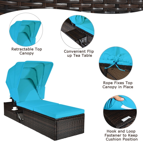 Gymax 2PCS Rattan Patio Chaise Lounge Chair W/ Adjustable Canopy Turquoise Cushion