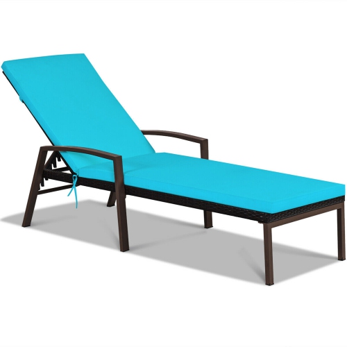 Gymax 2PCS Adjustable Patio Rattan Chaise Recliner Lounge Chair w/ Turquoise Cushion