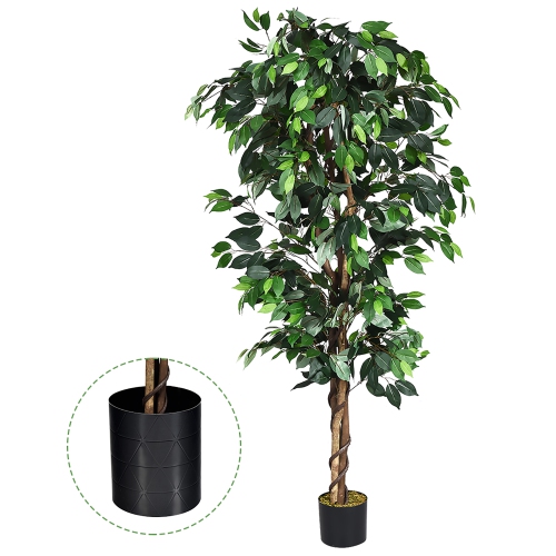 COSTWAY  6 Ft Artificial Ficus Silk Tree Home Living Room Office Decor Wood Trunks