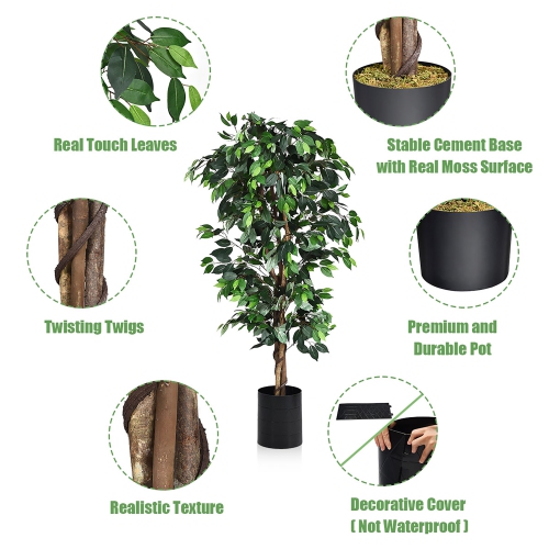 Costway 6 Ft Artificial Ficus Silk Tree Home Living Room Office Decor Wood Trunks
