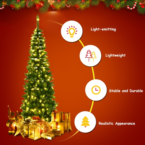 Costway 6.5ft Pre-Lit Hinged Pencil Christmas Tree 250 White Lights