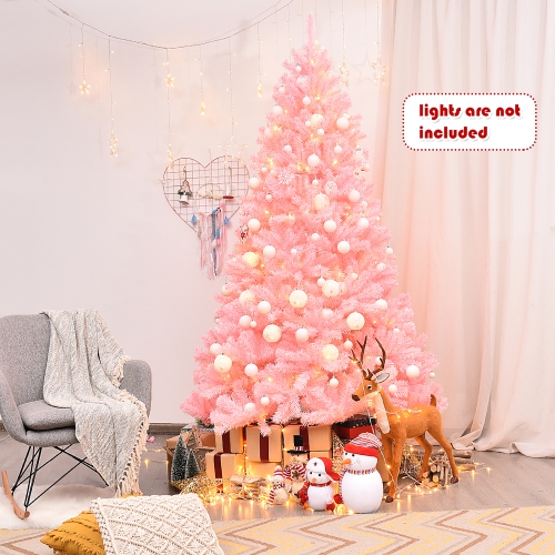 Costway 7.5Ft Hinged Artificial Christmas Tree Full Fir Tree New PVC w/ Metal Stand Pink