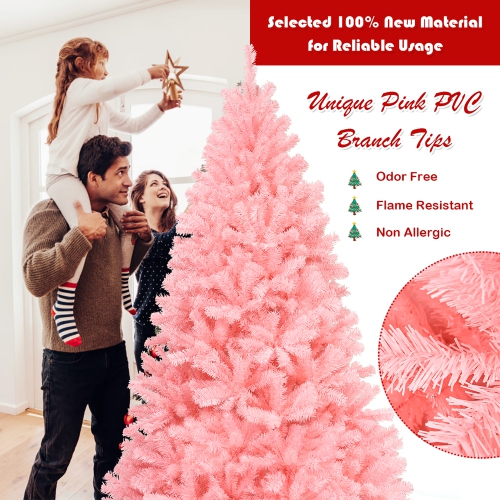 Costway 7.5Ft Hinged Artificial Christmas Tree Full Fir Tree New PVC w/ Metal Stand Pink