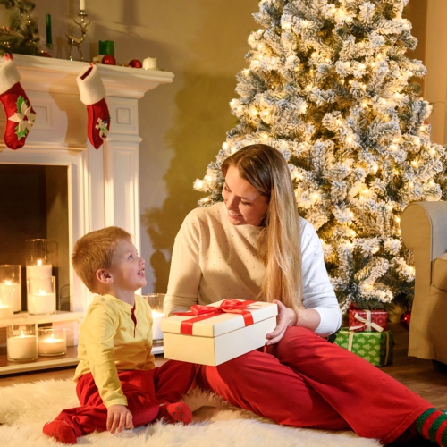 Costway 6/7.5/9FT Pre-Lit Premium Snow Flocked Hinged Artificial Christmas Tree w/ Lights