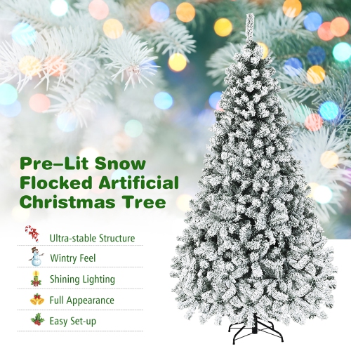 Costway 6/7.5/9FT Pre-Lit Premium Snow Flocked Hinged Artificial Christmas Tree w/ Lights