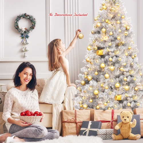 Costway 7.5Ft Hinged Unlit Artificial Silver Tinsel Christmas Tree Holiday w/Metal Stand